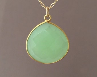 Gold Green Chalcedony Teardrop Necklace Long or Short