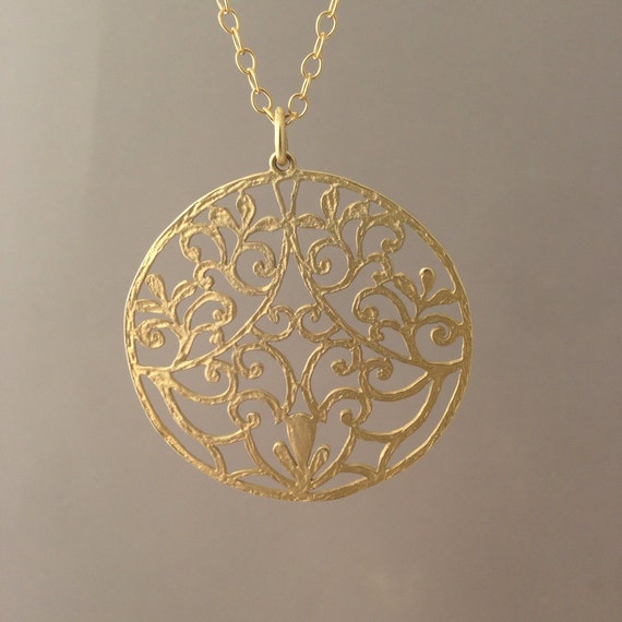 Long Gold Round Filagree Medallion Necklace