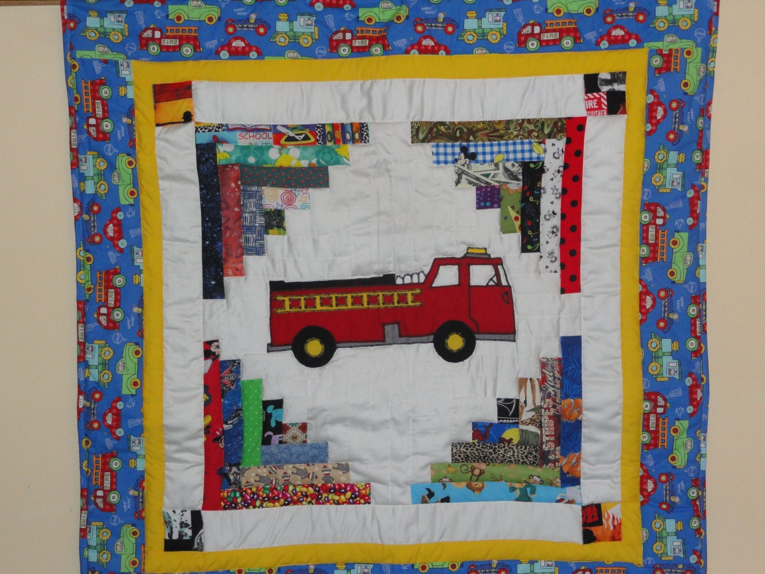 Appliqued Fire Truck Baby Quilt Patchwork Background