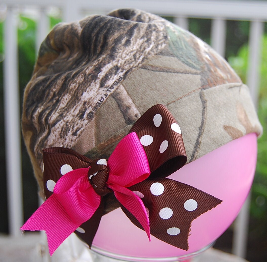 Camo Baby girl Hat handmade from Realtree Hot Pink Dots.