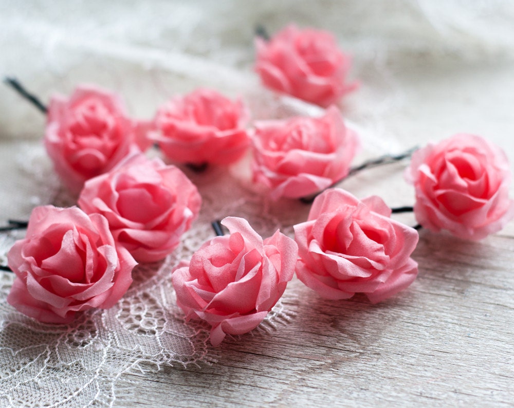 71 Hair Pins Flower Pins Pink Rose Pins Flower Clips Rose