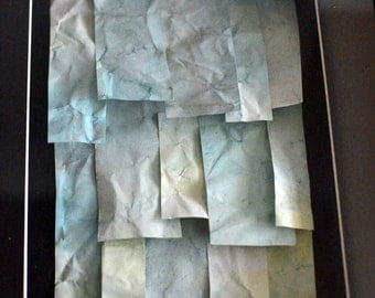 Hand Dyed Paper Collage, Shades of Green in a Black Frame - Watercolour Inks Tile Floating 3D Effect Original Artwork