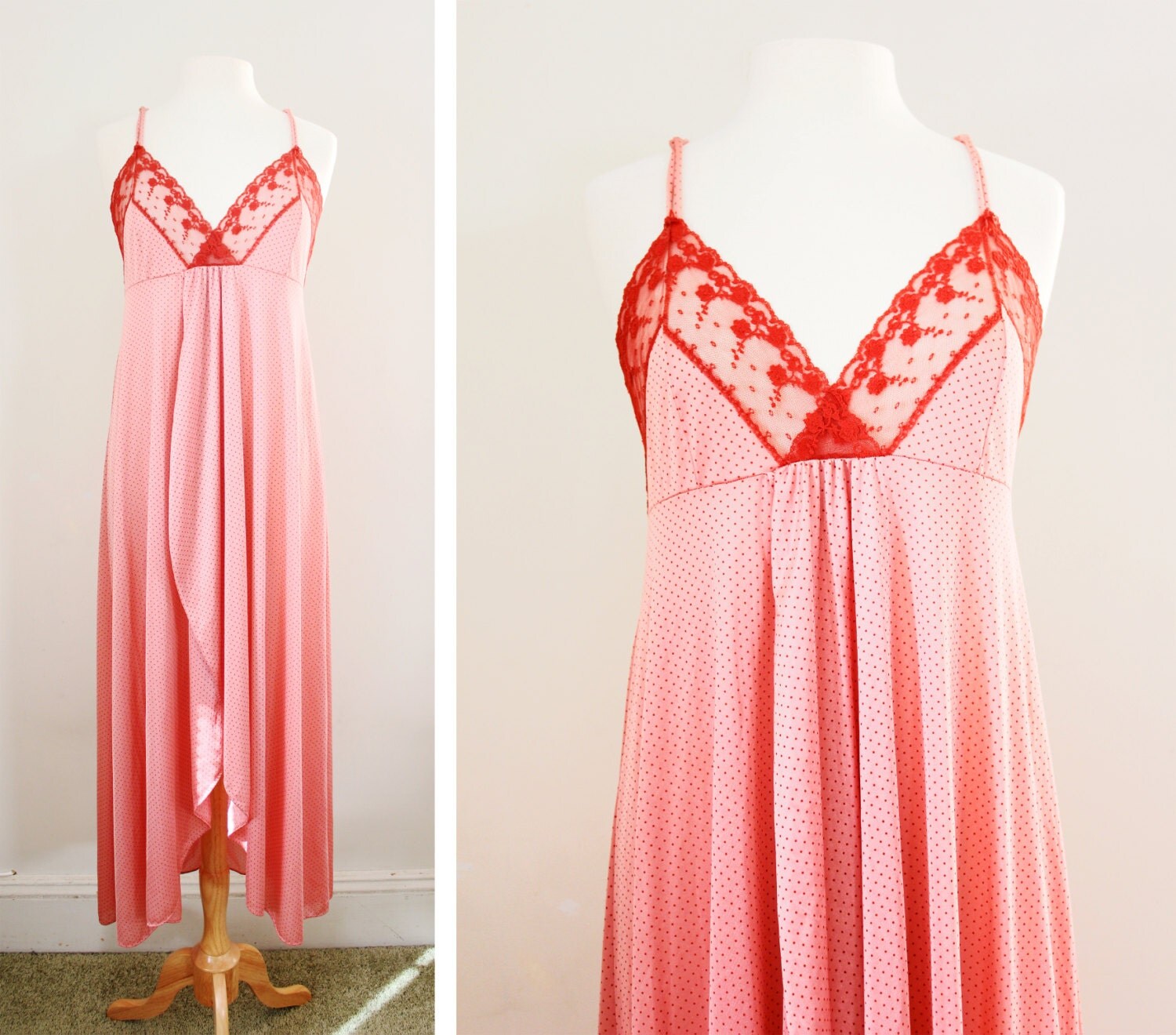 Vintage Lingerie Maxi Nightgown Rose Pink Polka Dot