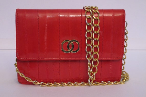 Vintage Eel Skin Purse Bag  Gold Chain Strap Small Party Purse Red Purse Excellent Condition