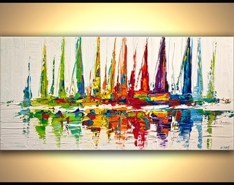 Colorful Sailboats Abstract Acrylic Painting Contemporary modern Abstract Seascape Painting On Canvas Palette Knife by Osnat - MADE TO ORDER