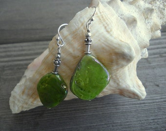 Items similar to Spring Green Crystal and Mother of Pearl Earrings with ...