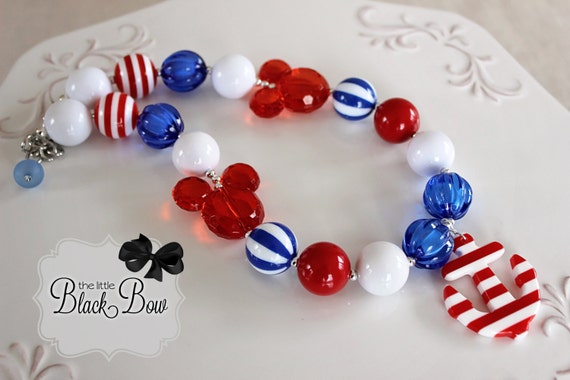 DISNEY CRUISE ANCHOR Nautical Chunky Necklace Red, White, Royal Blue Mickey Beads Child, Toddler, Baby Size Bubblegum Gumball Girls Jewelry