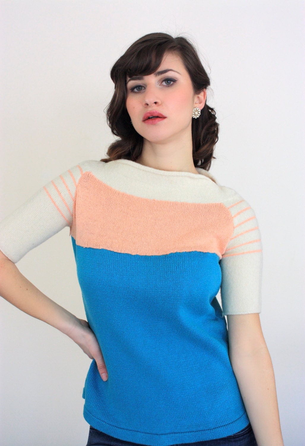 Vintage 1960's Coral Cream and Teal Colorblock Boat Neck Short Sleeve Knit Sweater