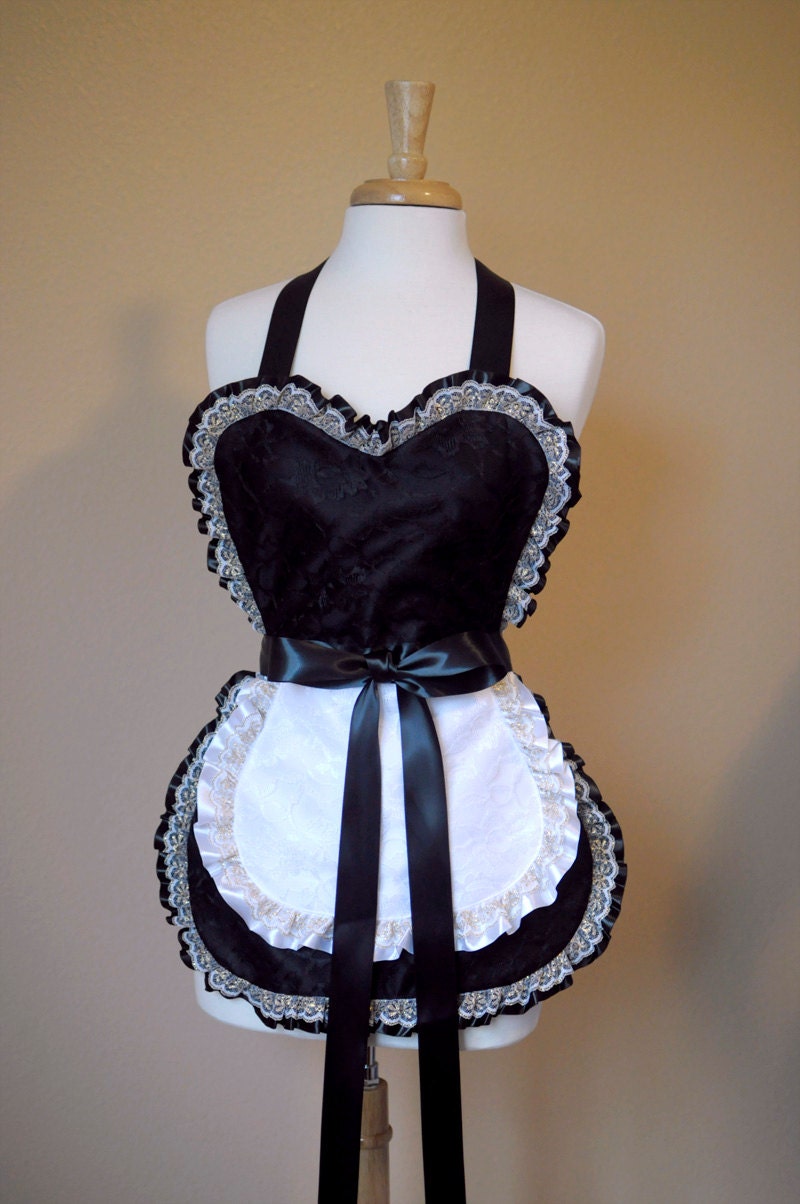 Sexy French Maid Apron In Black Satin And Lace With White