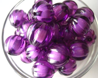 Purple Transparent Beads, 22mm Pumpkin Bead, 6 pcs, Ridged Beads, Bead in Bead, Corrugated Beads, Melon Beads, Gumball Beads, Bubblegum Bead