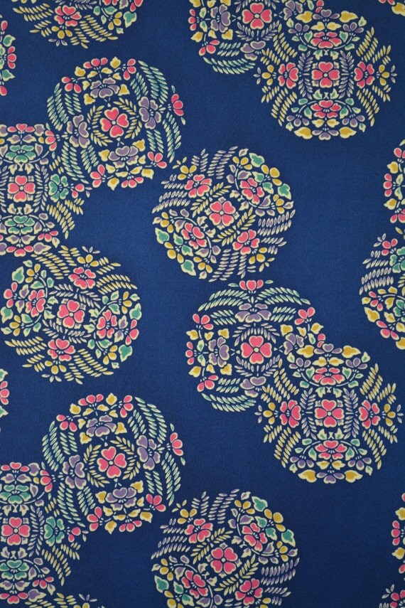 Dark teal blue silk fabric bolt roundel of flowers motif