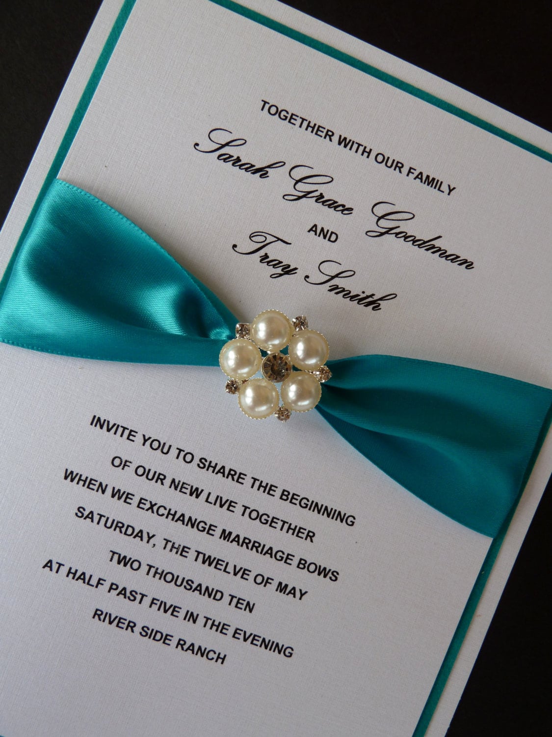 Teal Wedding Invitation Suite with Rhinestone and pearls