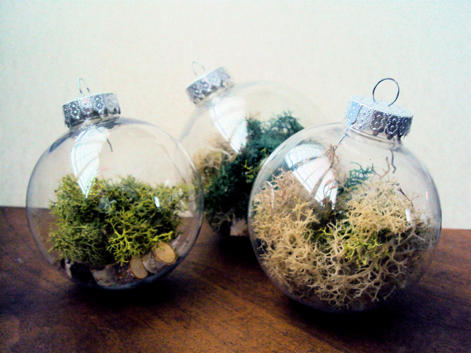set of three woodland moss ornaments filled with birch slices set of three woodland moss ornaments filled with birch slices