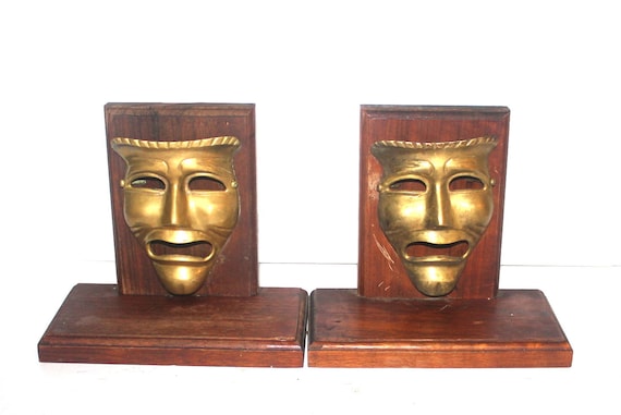 Vintage Comedy and Tragedy Brass and Wood Bookends, Home Office Decor, Carved Heads, Antique Alchemy