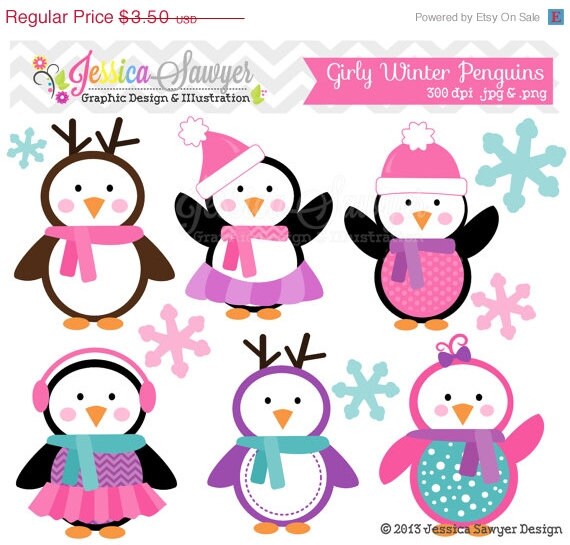 50% OFF - INSTANT DOWNLOAD, girly winter penguin clipart, holiday penguins clip art , for commercial use, personal use, invites, cards, scra Il_570xn