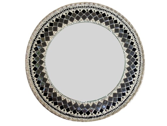 Round Black Gray Silver Mosaic Mirror  by GreenStreetMosaics