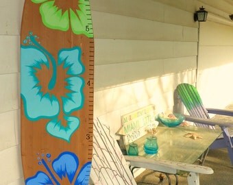 6 Foot Wood Hawaiian Surfboard Wall Art Decor Growth chart for kids room Wood base color