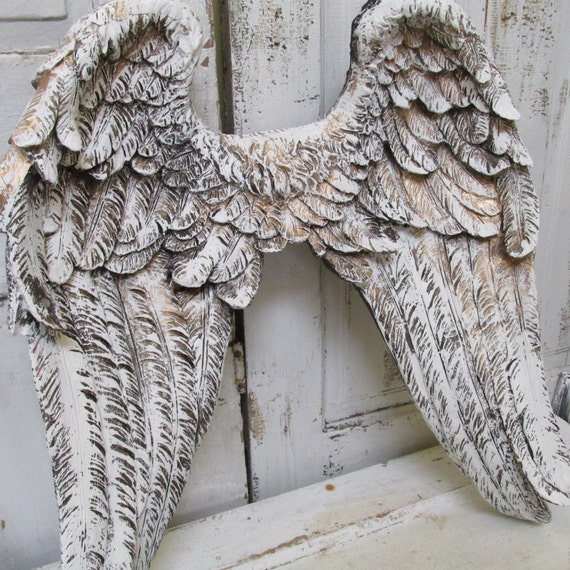 Large angel wings wall sculpture hand painted white accented