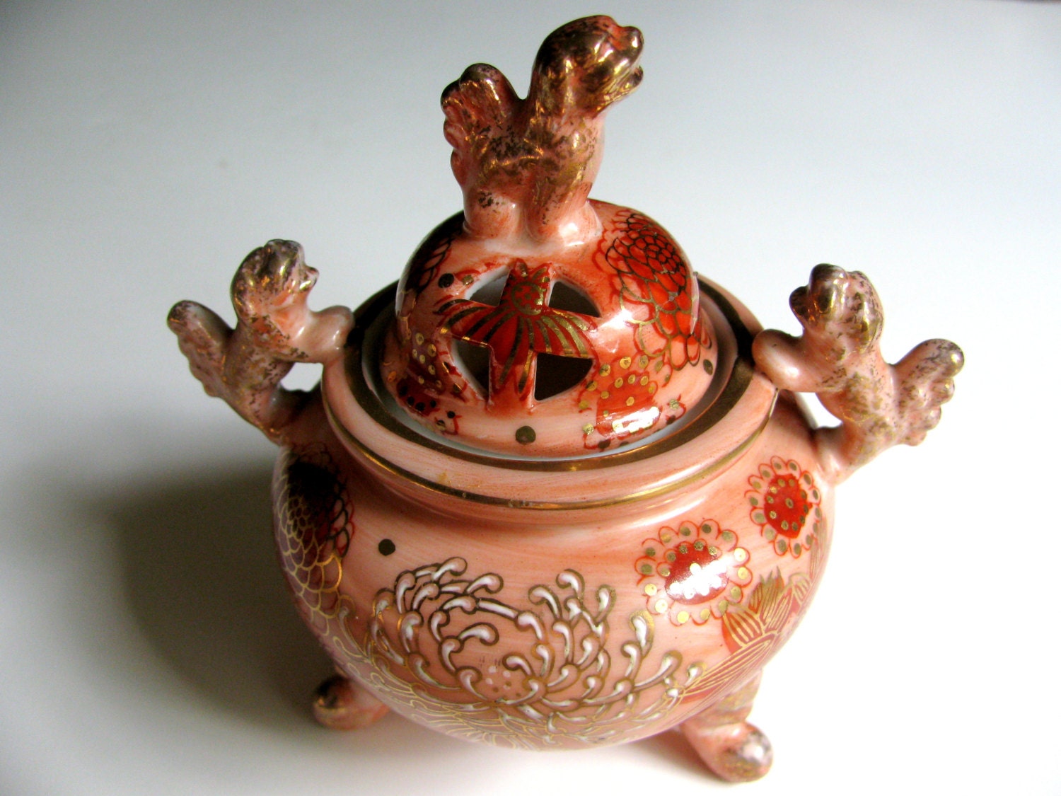 Japanese Incense Burner Kutani Foo Dog Censer Porcelain