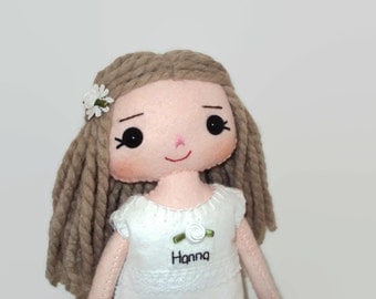 Rag doll with white rose bud dress. Can be personalised
