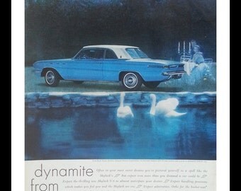 Spooky Ad Buick Skylark Baby Blue and White Hardtop Swans Candlelight Couple Ghosts! 13 x 10. Ready for Framing.