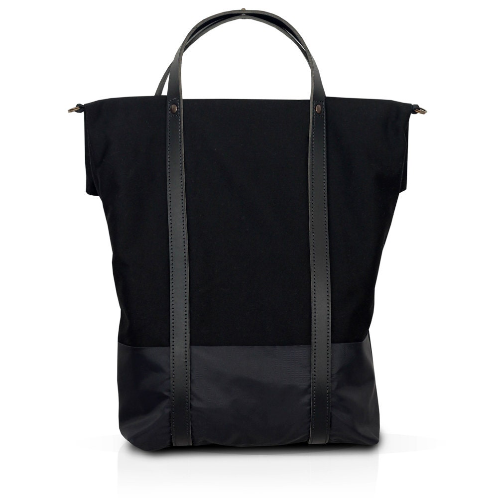 Black cotton tote handbag WOLF / natural leather handles and