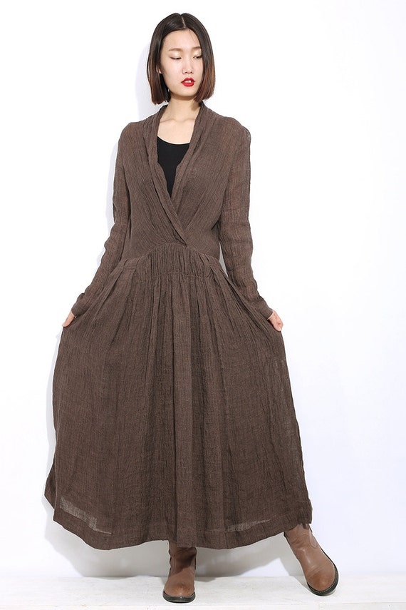 brown linen dress Long sleeves dress C304 by YL1dress on Etsy