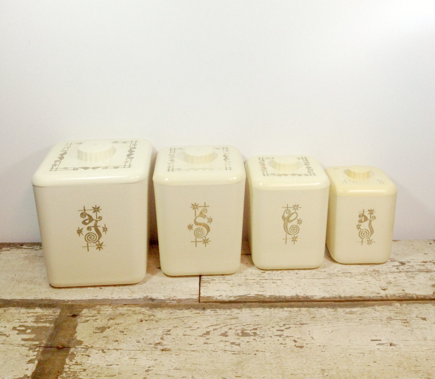 Vintage Gold and Cream Colored Set of Lustroware Canisters