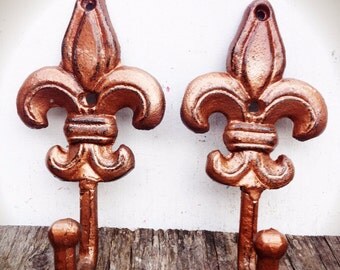 BOLD fleur de lis wall hooks // Shimmering copper // towel coat robe hook // hand painted cast iron