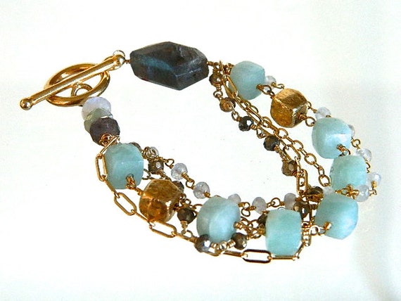 Peruvian Opal Cube Multi Chain Bracelet Moonstone Pyrite