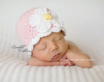 Crochet Hat Pattern Baby Crochet Hat Daisy Flower Flapper Beanie PDF Pattern 120 Newborn to Adult Photo Prop Instant Download