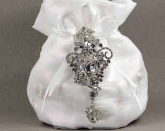 White Dance Bag, White Charmeuse Silk Purse with Stunning Swarovski Crystal Accent, wedding dress, money dance bag, wedding, money dance