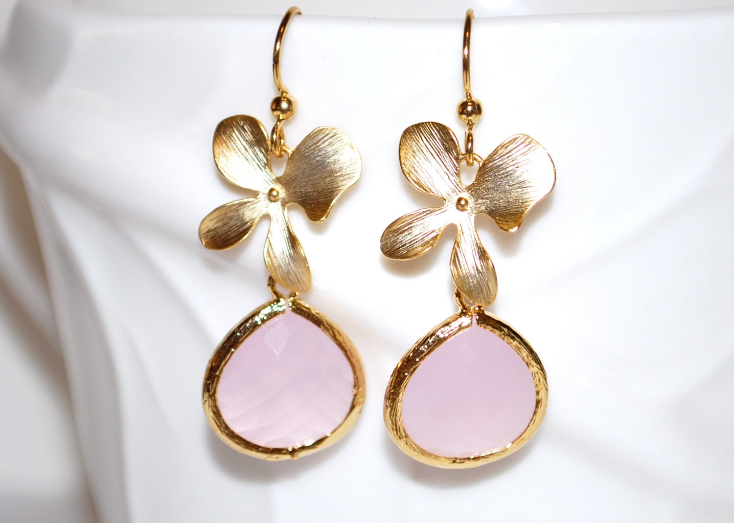 Gold orchid earrings opaque pink glass gem earrings flower