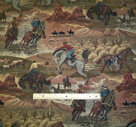 HIgh End Tapestry Fabric Colorful Western Cowboy Horses Sunset