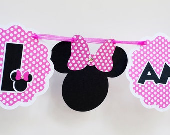 Pink and gold Minnie Mouse highchair banner. Pink and gold