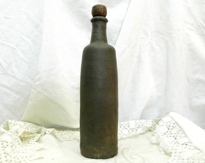 Antique French Stoneware Ceramic Rustic Primitive Cider Bottle, Pottery Vase from Normandy France, Calvados Container, Brocante Decor