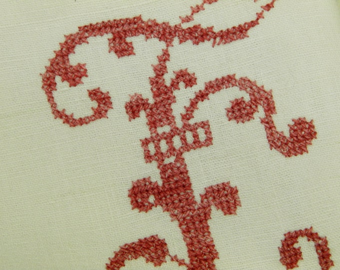 Large Antique French Hand Embroidered Monogram Red Cross Stitch M F on Large Cotton Metis Cloth/ Shabby Chic/ Home Interior / French Country Large Antique French Hand Embroidered Monogram Red Cross Stitch M F on Large Cotton Metis Cloth/ Shabby Chic/ Home Interior / French Country