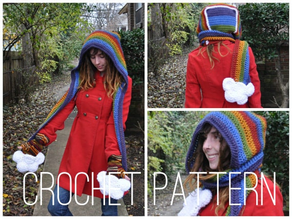 Pattern DIY Crochet Rainbow crochet  Scarf scarf with Cloud  PDF  diy hooded Pockets Hooded