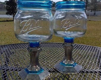 PAIR - Ball Mason Jar Margarita or Sangria Glass - 16oz Square Elite - Royal Blue and Silver - Bachelorette Orders Welcome - Weddings