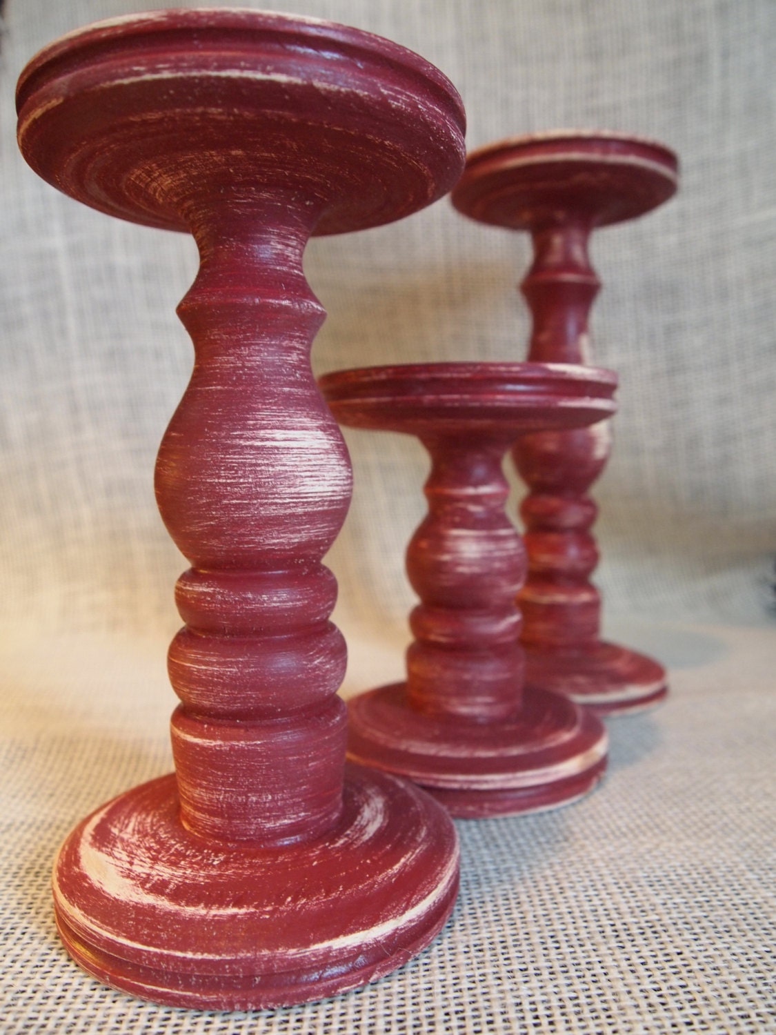 Primitive Red Pillar Candle Holder Set of 3 Lathe turned