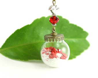 Red Hearts Necklace, Rustic Whimsical Valentine's Day Sweethearts Romantic Quirky Sentimental Glass Globe Red Love Glow in the Dark Jewelry