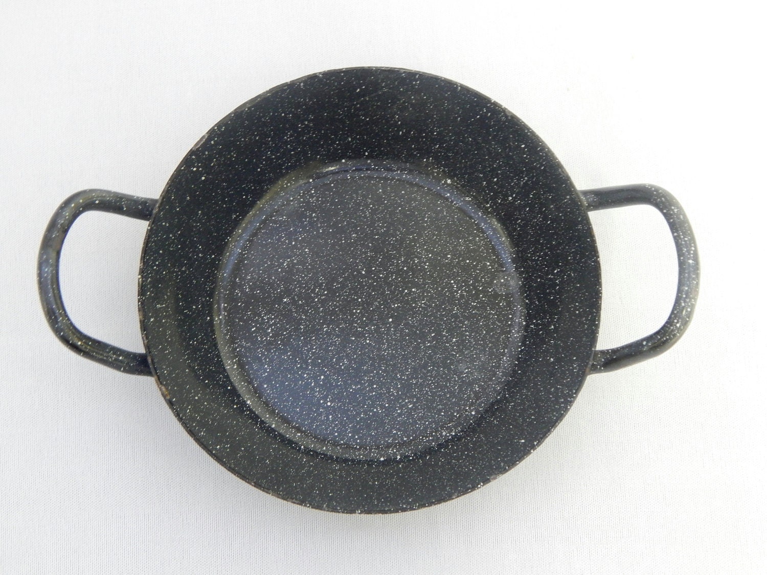 Vintage Speckled Enamel Metal Dish with Two by