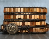 READY TO SHIP caramel brown and gold on black brown leather - beaded tile wrap bracelet - warm colors - metallic
