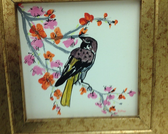 Set of 2 Japanese Inspired Bird/Flower Pictures in Gold/Copper Wood Frames