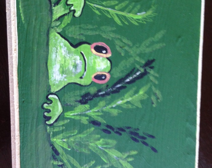 Frog Box - "Frog in the weeds" painted in acrylic on a 4 x 13 1/2 x 3 1/2 box