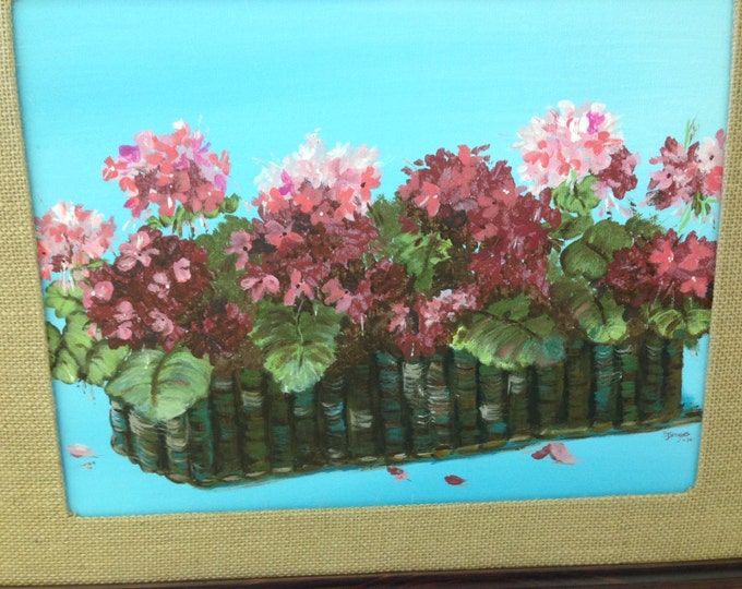 Geranium Basket - Acrylic on Canvas - Solid Wood Frame - Burlap Matte