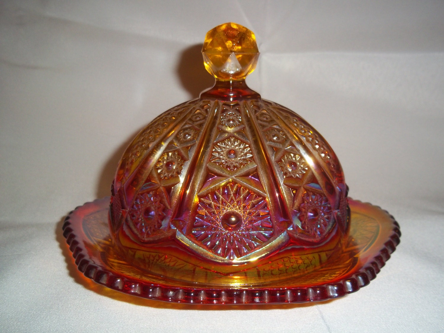 Indiana Heirloom Sunset Red Carnival Glass Butter Dish