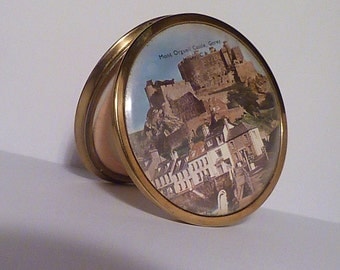 1950s Mascot powder compact showing Mont Orgueil Castle Jersey UK pocket mirror
