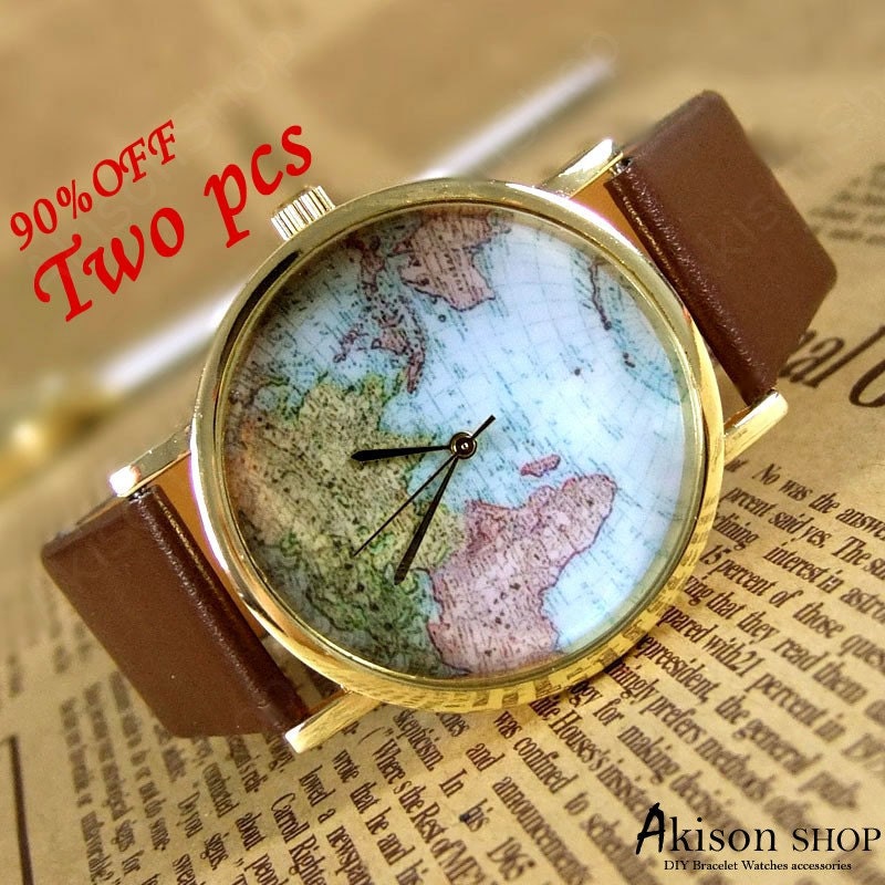 world map watch leather wrist watch