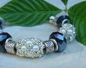 Cuff Bracelet, Silver, pearl and black . Custom made cuff bracelet in black, white and silver. Bangle Bracelet/ Lampwork Bracelet